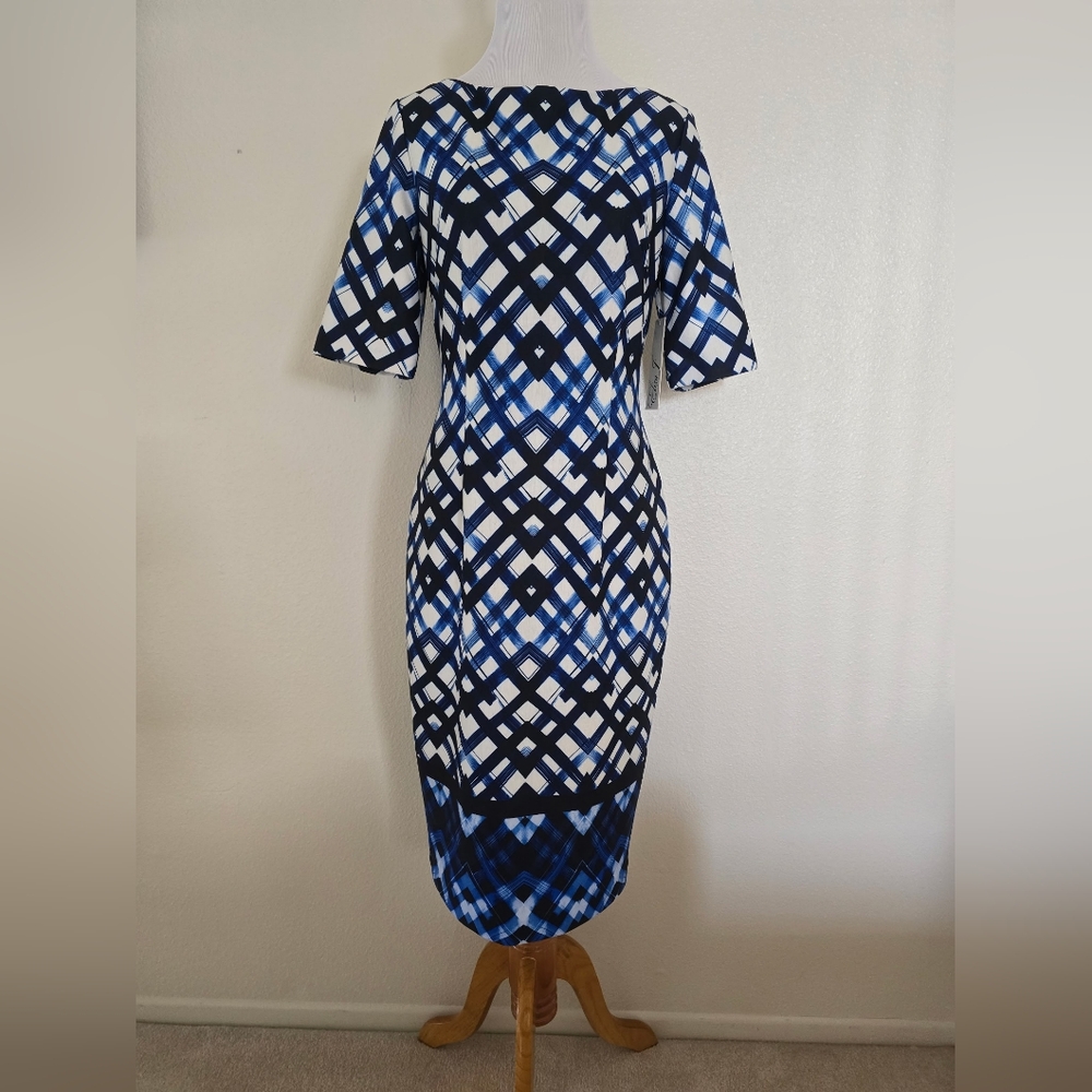 Eliza J Blue and Black Diamon Plaid Sheath Stretch Classic Career